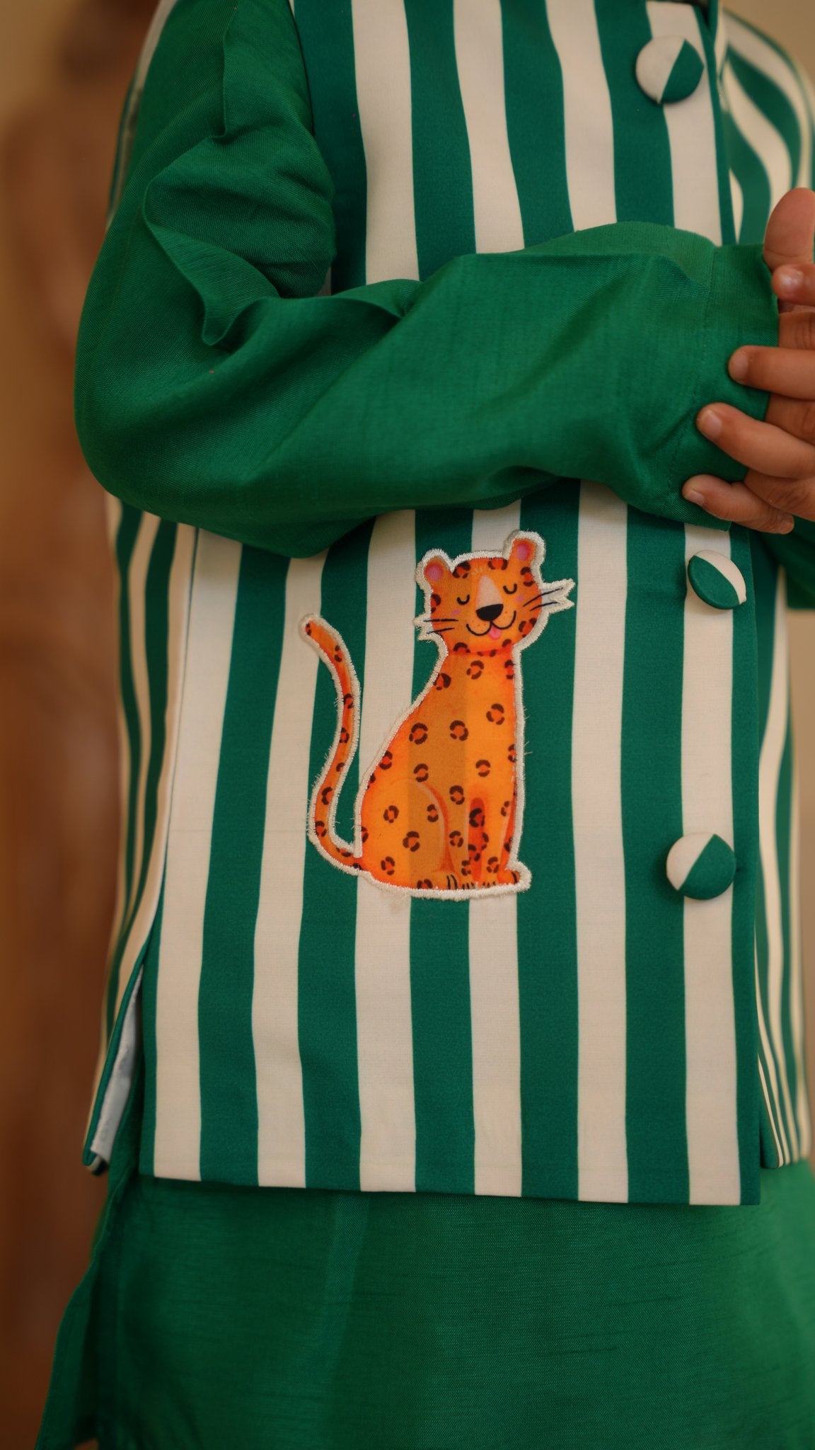 FunnyBones Striped Leopard Nehru Jacket & Green Kurta – green and white striped jacket with leopard applique and green kurta, view 3