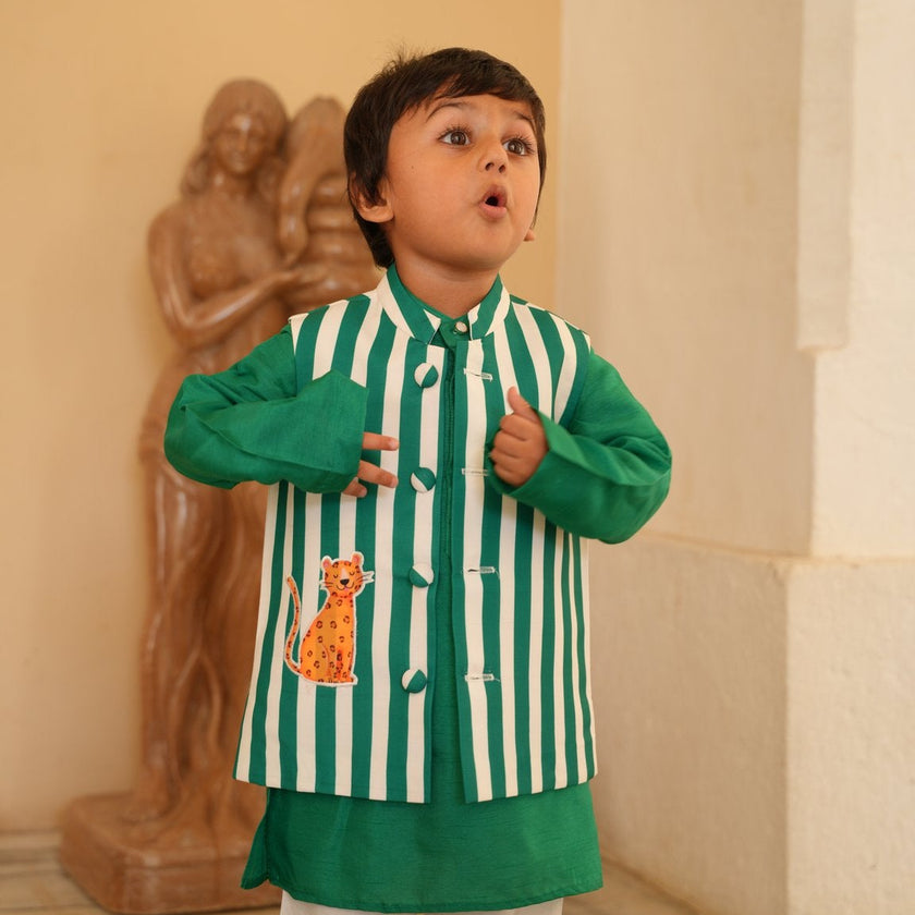 FunnyBones Striped Leopard Nehru Jacket & Green Kurta – green and white striped jacket with leopard applique and green kurta, view 4