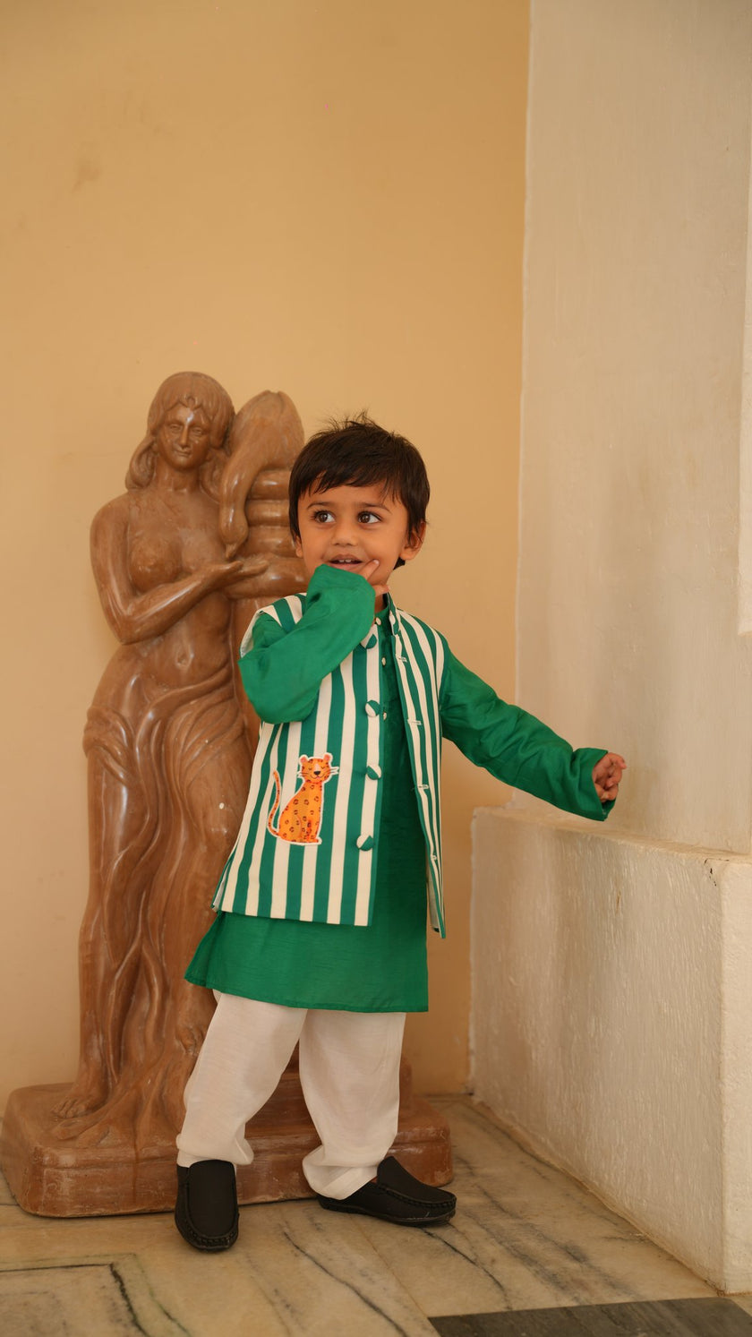 FunnyBones Striped Leopard Nehru Jacket & Green Kurta – green and white striped jacket with leopard applique and green kurta, view 7