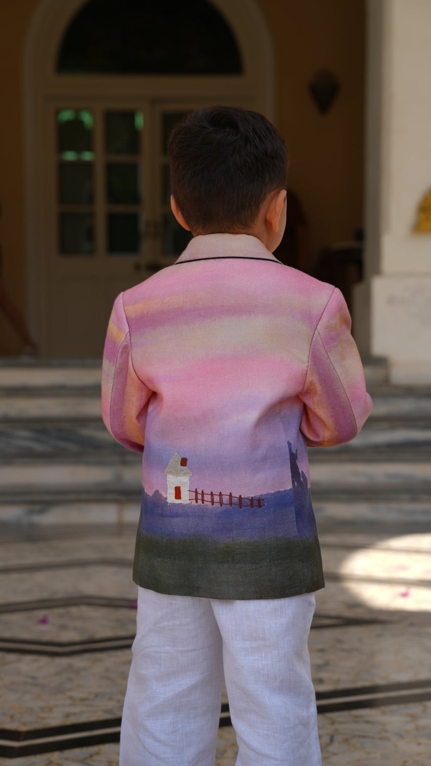 FunnyBones Sunset Storybook Blazer – back view of ombré sunset print
