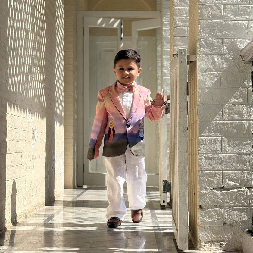 FunnyBones Sunset Storybook Blazer – boy walking down a sunlit corridor