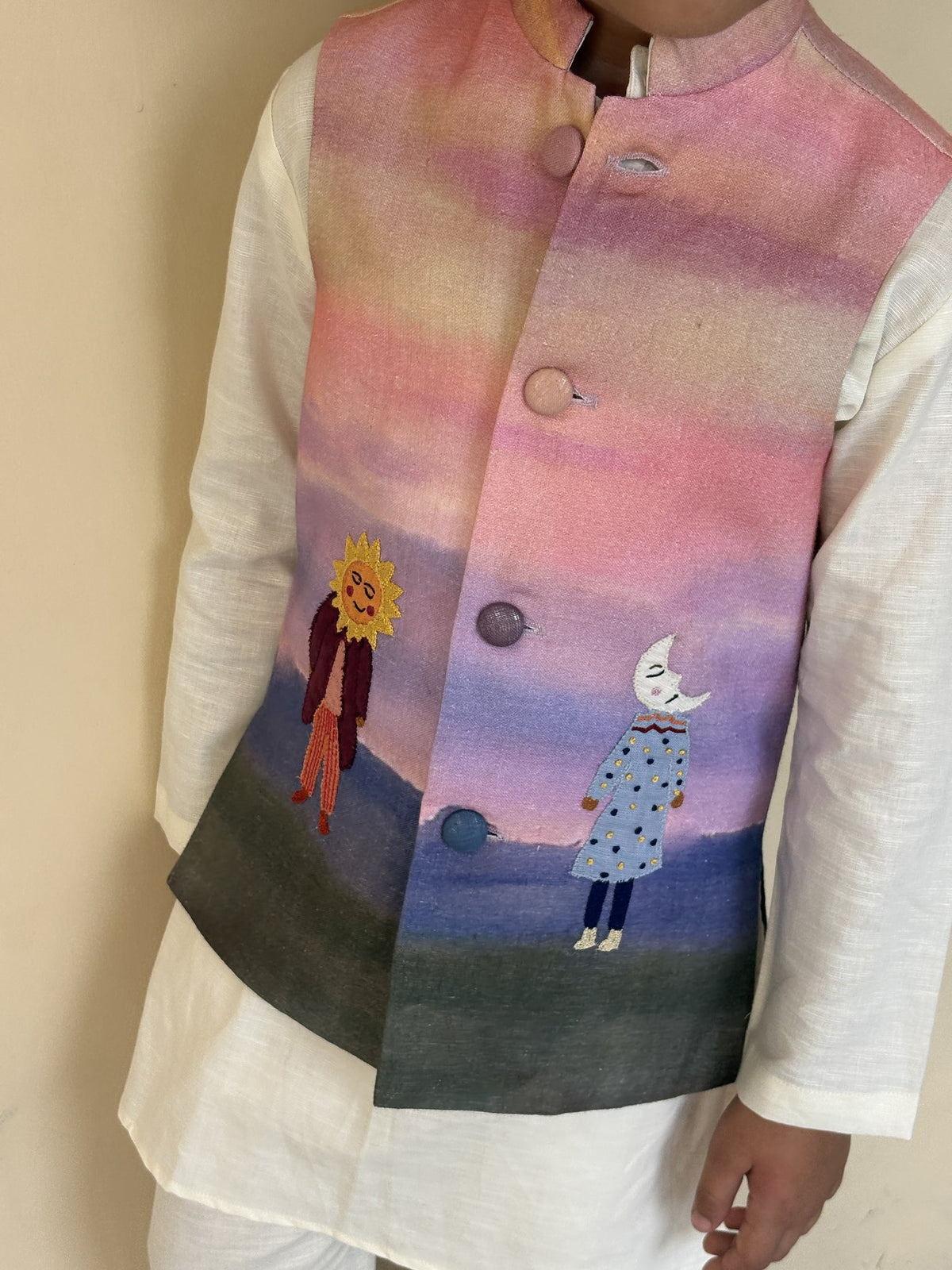FunnyBones Sunset Storybook Nehru Jacket Set – ombre sunset print Nehru jacket with ivory kurta, view 3