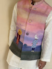 FunnyBones Sunset Storybook Nehru Jacket Set – ombre sunset print Nehru jacket with ivory kurta, view 3