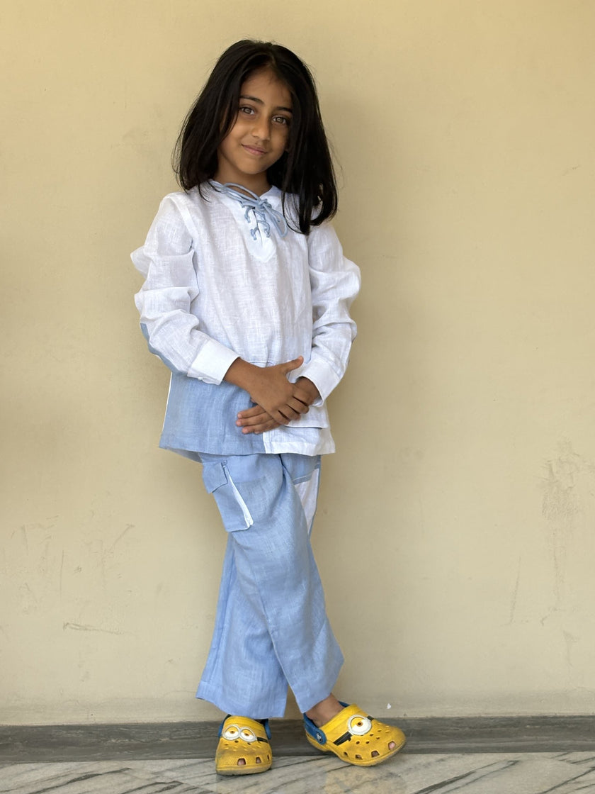 Boy wearing FunnyBones White & Blue Linen Lace-Up Shirt Co-ord – white and blue linen lace-up shirt with cargo pants