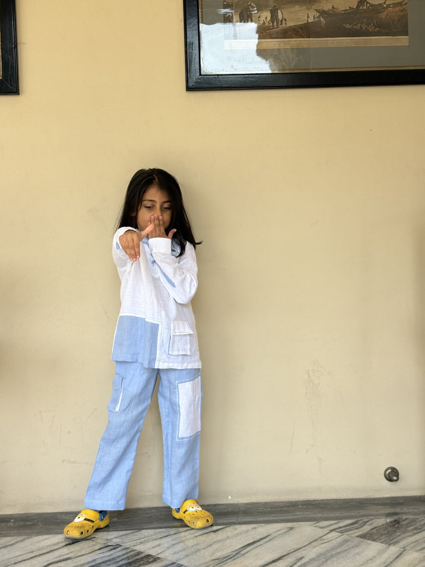 FunnyBones White & Blue Linen Lace-Up Shirt Co-ord – white and blue linen lace-up shirt with cargo pants, view 3