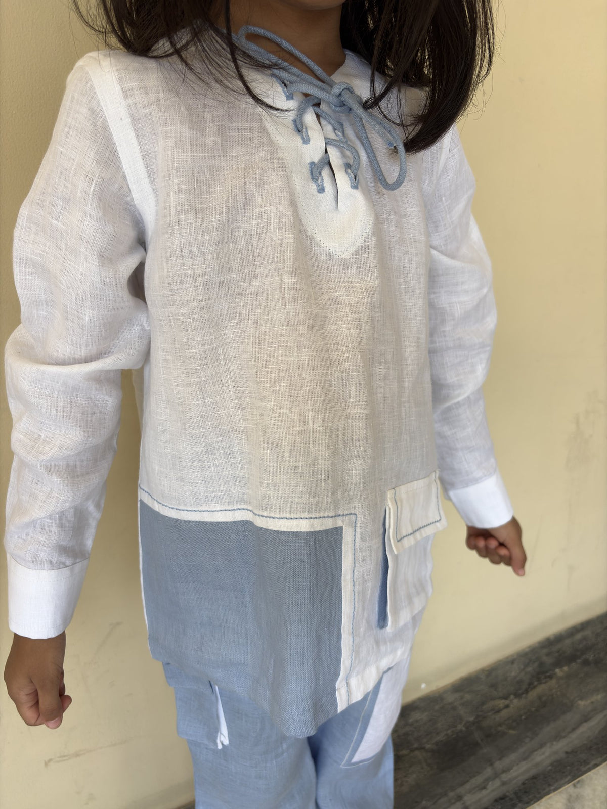 FunnyBones White & Blue Linen Lace-Up Shirt Co-ord – white and blue linen lace-up shirt with cargo pants, view 4