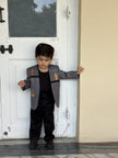 FunnyBones White Blazer with Animal Panels – grey panel blazer with giraffe embroidery and black tee, view 2