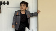 FunnyBones White Blazer with Animal Panels – grey panel blazer with giraffe embroidery and black tee, view 3