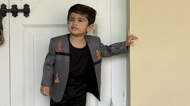 FunnyBones White Blazer with Animal Panels – grey panel blazer with giraffe embroidery and black tee, view 3