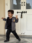 FunnyBones White Blazer with Animal Panels – grey panel blazer with giraffe embroidery and black tee, view 4