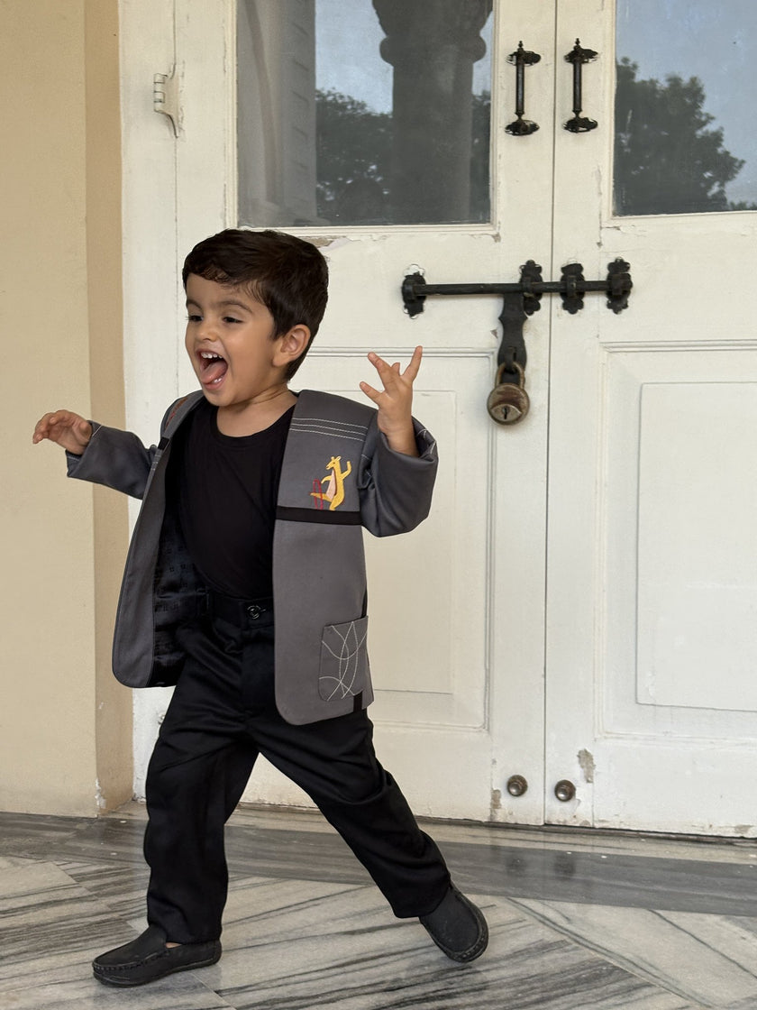 FunnyBones White Blazer with Animal Panels – grey panel blazer with giraffe embroidery and black tee, view 4