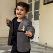 FunnyBones White Blazer with Animal Panels – grey panel blazer with giraffe embroidery and black tee, view 5