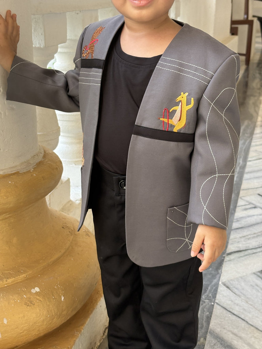 FunnyBones White Blazer with Animal Panels – grey panel blazer with giraffe embroidery and black tee, view 9
