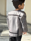 FunnyBones White Blazer with Animal Panels – grey panel blazer with giraffe embroidery and black tee, view 10