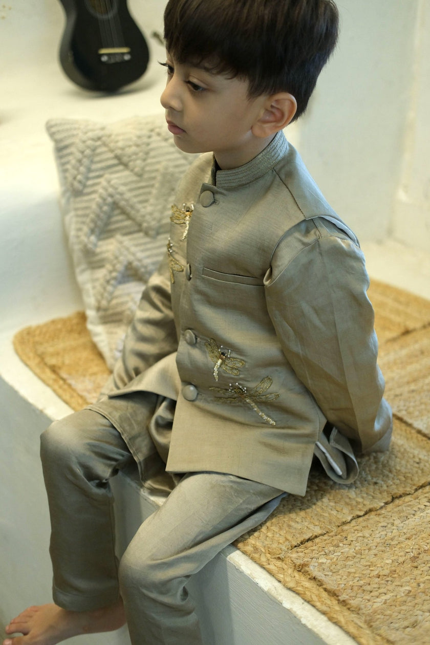 Glowing Dragon Fly Handwork Pure Silk Koti Kurta Pajama Set - Funny Bones Clothings
