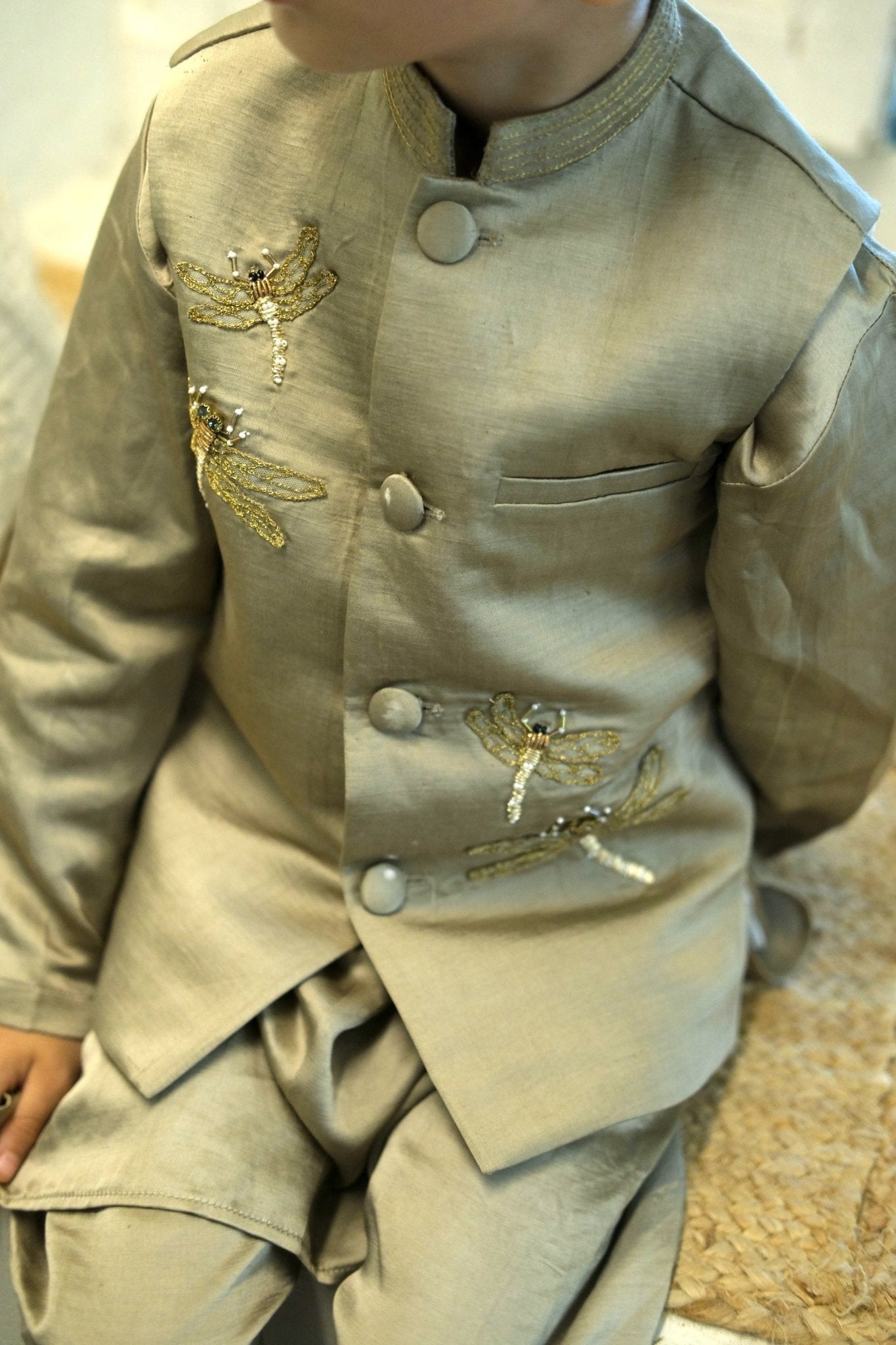 Glowing Dragon Fly Handwork Pure Silk Koti Kurta Pajama Set - Funny Bones Clothings