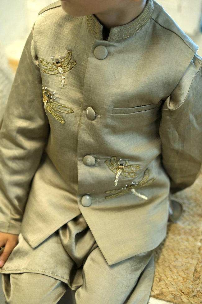 Glowing Dragon Fly Handwork Pure Silk Koti Kurta Pajama Set - Funny Bones Clothings