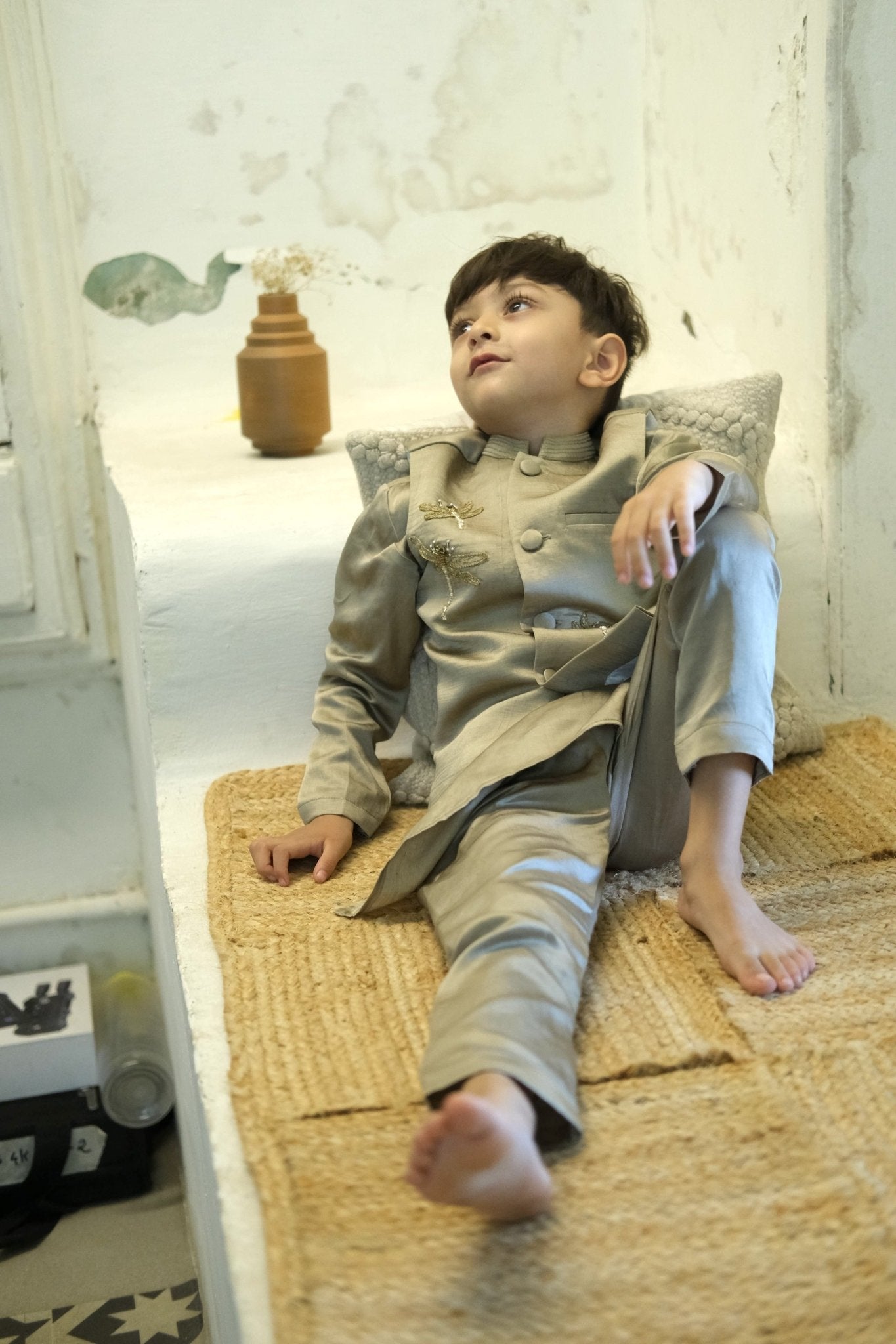 Glowing Dragon Fly Handwork Pure Silk Koti Kurta Pajama Set - Funny Bones Clothings