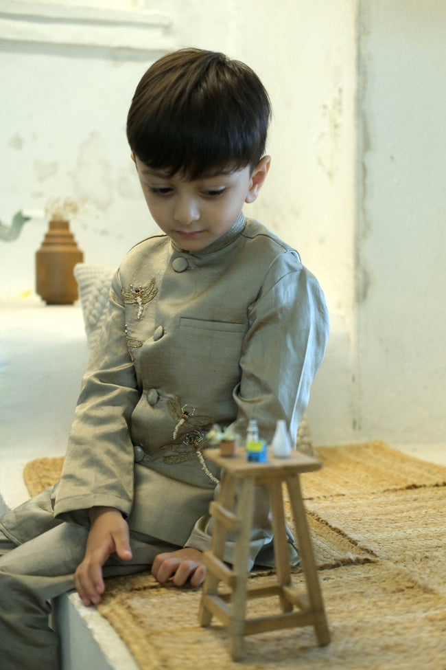Glowing Dragon Fly Handwork Pure Silk Koti Kurta Pajama Set - Funny Bones Clothings