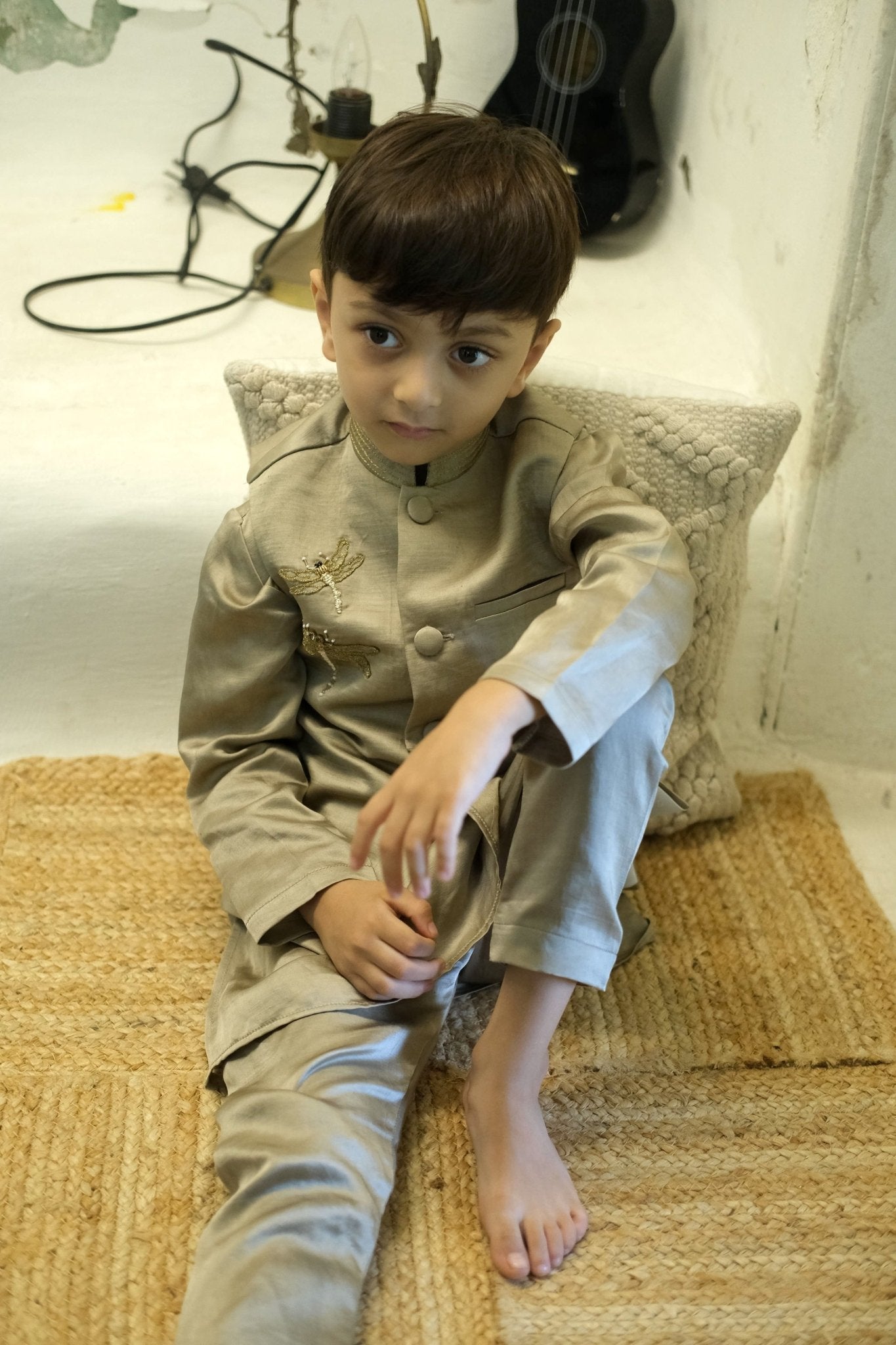 Glowing Dragon Fly Handwork Pure Silk Koti Kurta Pajama Set - Funny Bones Clothings