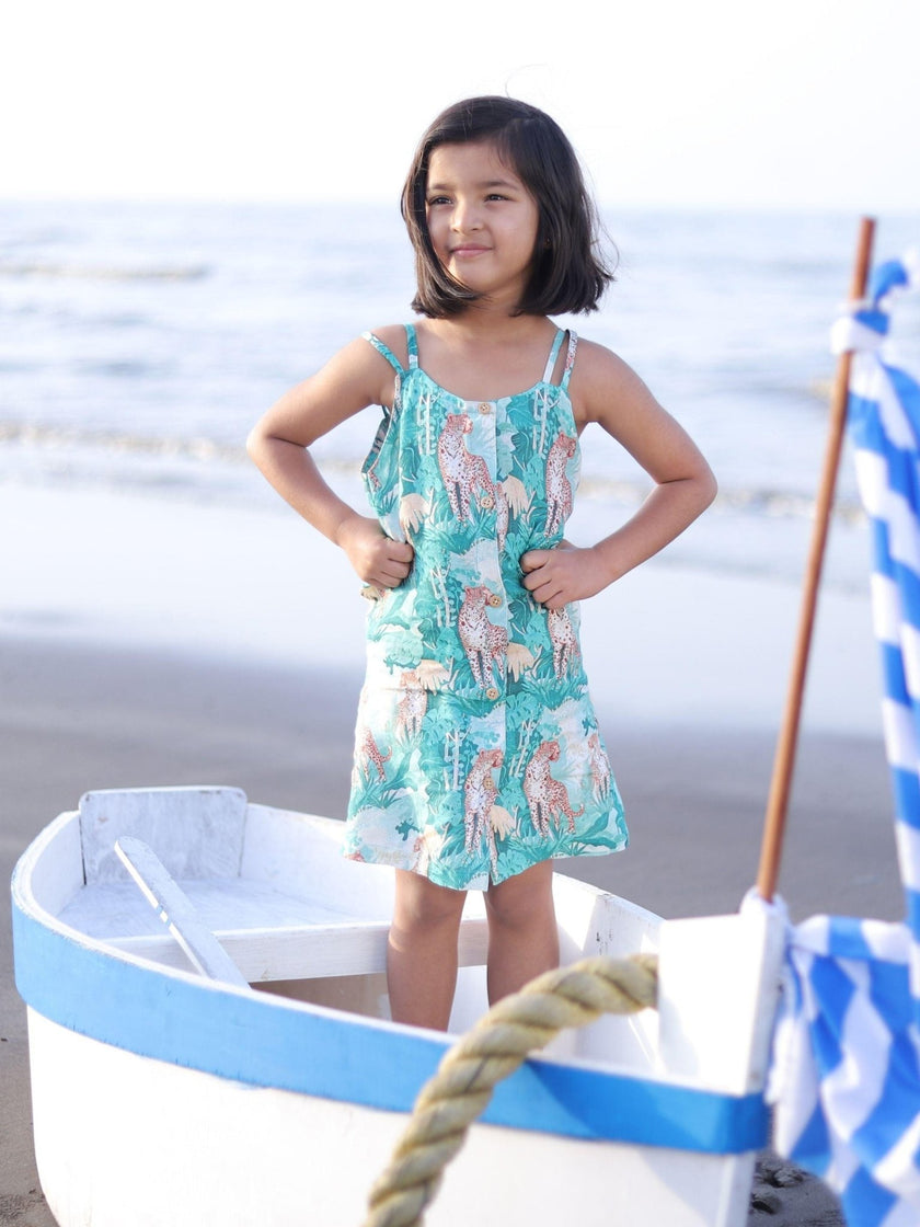 Green Forest and Leopard Print Pure Linen Dress - Funny Bones Clothings