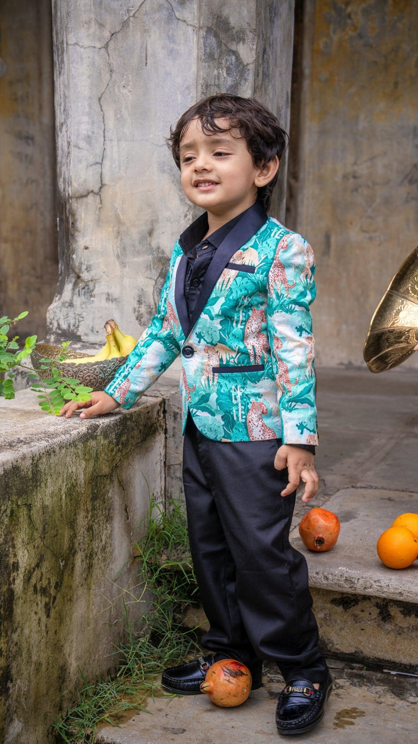 Green Forest and Leopard Printed Linen Blazer with Cotton Shirt and Pants Set with Complimentory Bow - Funny Bones Clothings