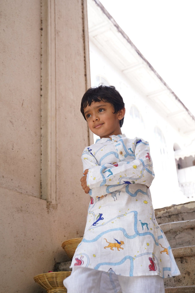 Griffin Print Pure Linen Kurta Pajama Set - Funny Bones Clothings