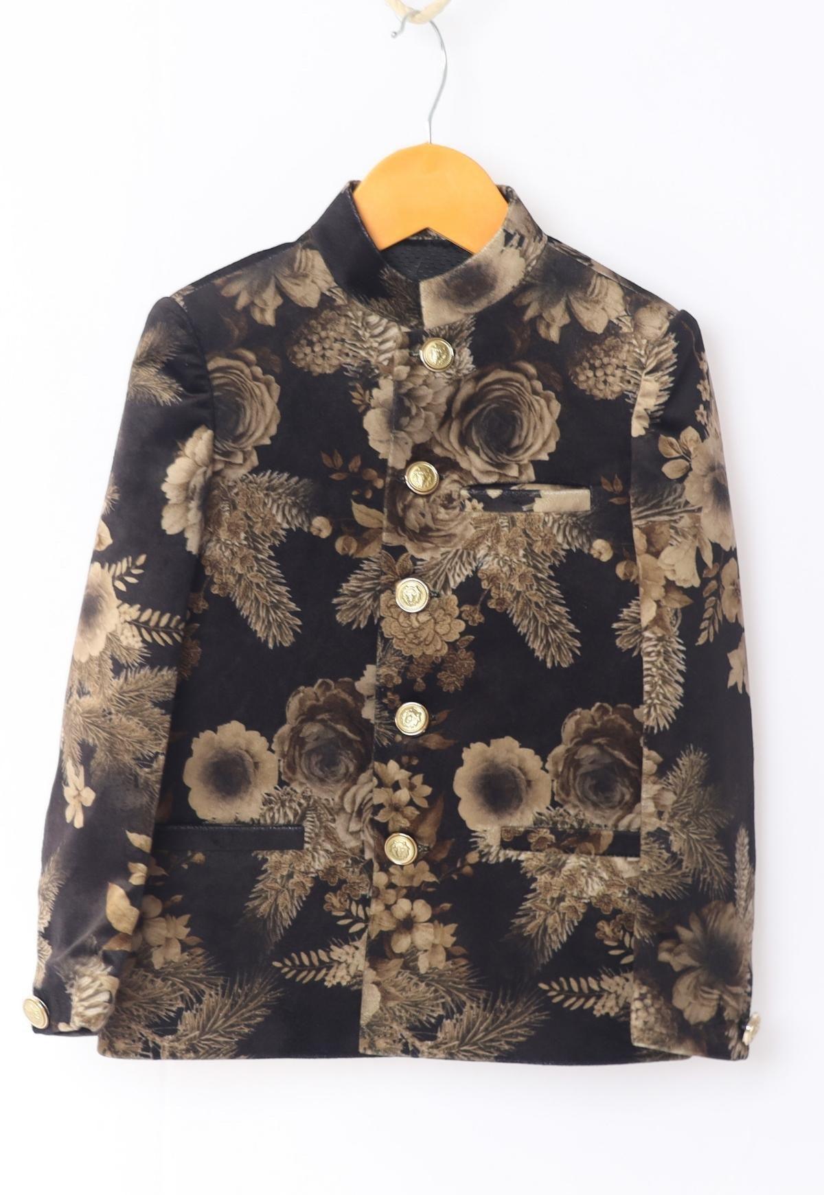 Golden Flower Printed Velvet Bandgala Blazer Set - Funny Bones Clothings