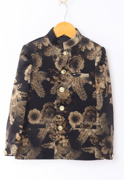 Golden Flower Printed Velvet Bandgala Blazer Set - Funny Bones Clothings