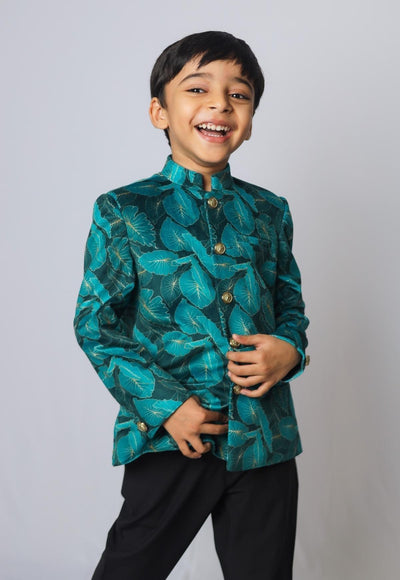 Green Leaves Printed Velvet Bandgala Blazer Set - Funny Bones Clothings