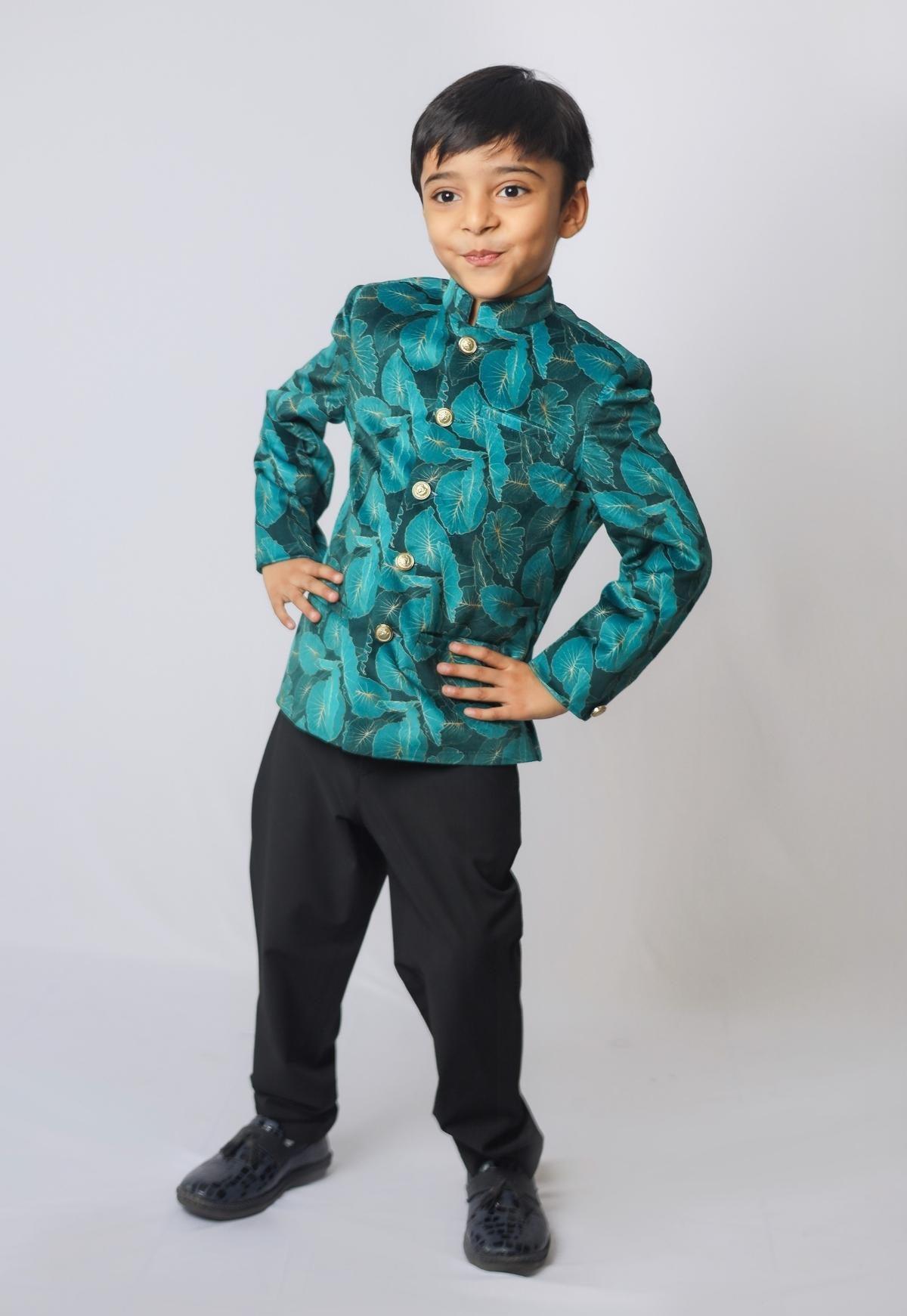 Green Leaves Printed Velvet Bandgala Blazer Set - Funny Bones Clothings