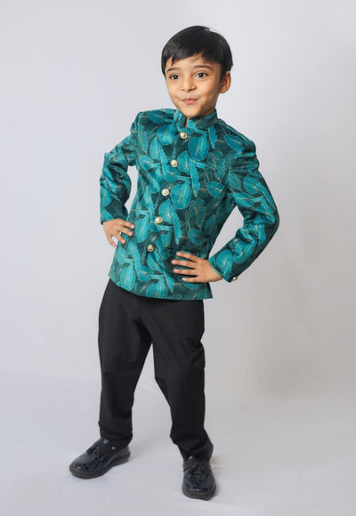 Green Leaves Printed Velvet Bandgala Blazer Set - Funny Bones Clothings