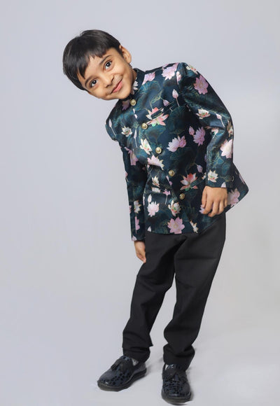 Lotus Printed Satin Bandgala Blazer Set - Funny Bones Clothings