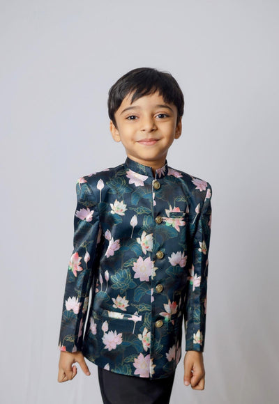 Lotus Printed Satin Bandgala Blazer Set - Funny Bones Clothings
