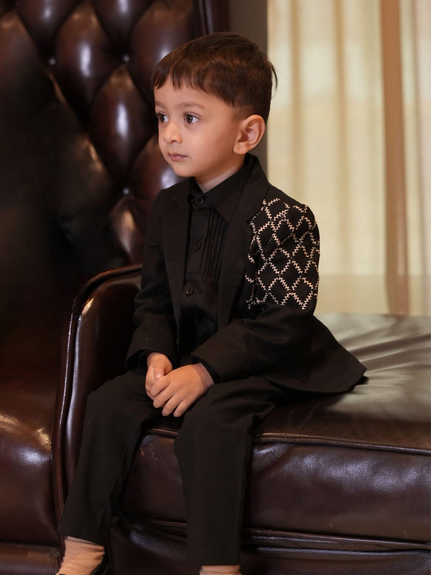 Black Criss Cross Thread Work Blazer Set (Pure Linen / Suiting ) - Funny Bones Clothings