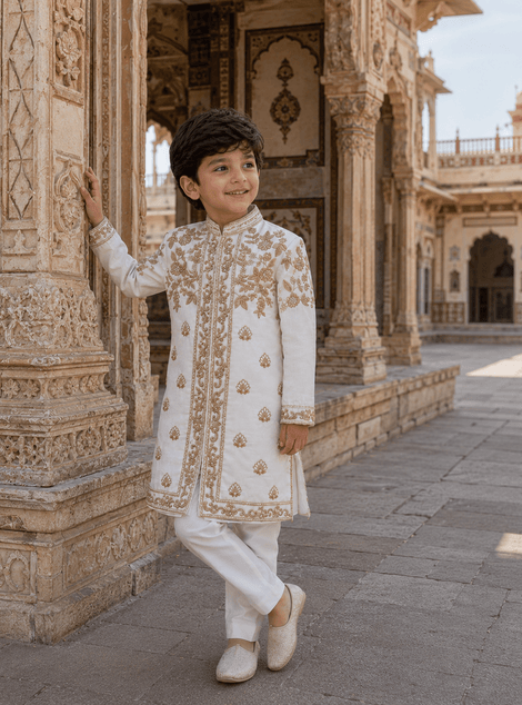 Ivory Darbar Sherwani in Pure Linen Silk - Funny Bones Clothings