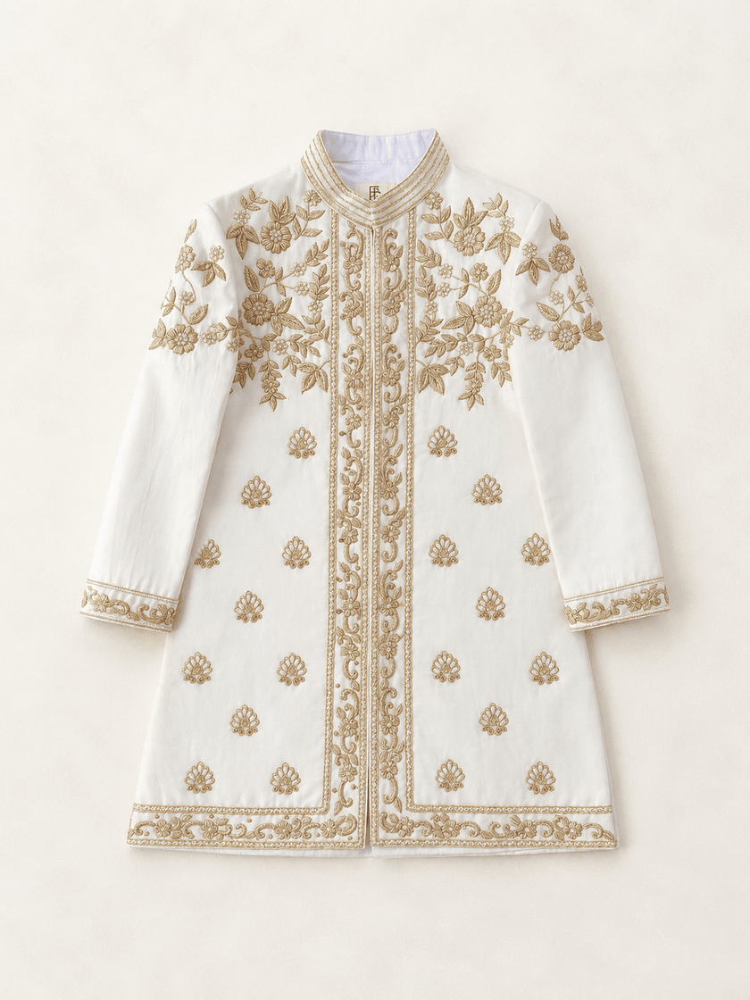 Ivory Darbar Sherwani in Pure Linen Silk - Funny Bones Clothings
