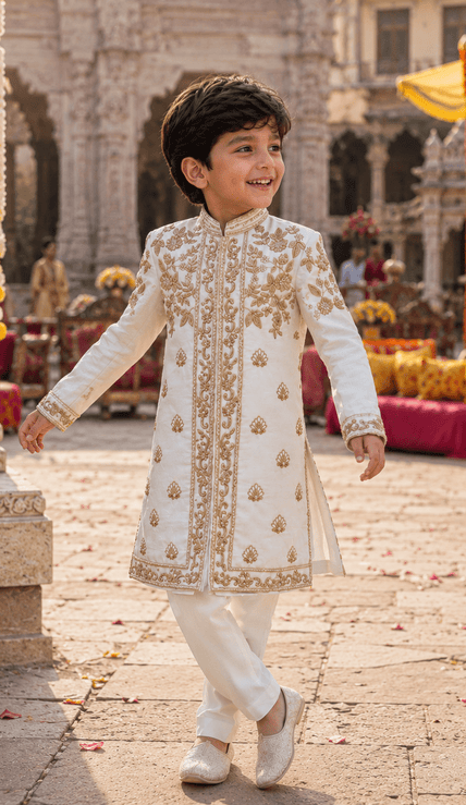 Ivory Darbar Sherwani in Pure Linen Silk - Funny Bones Clothings