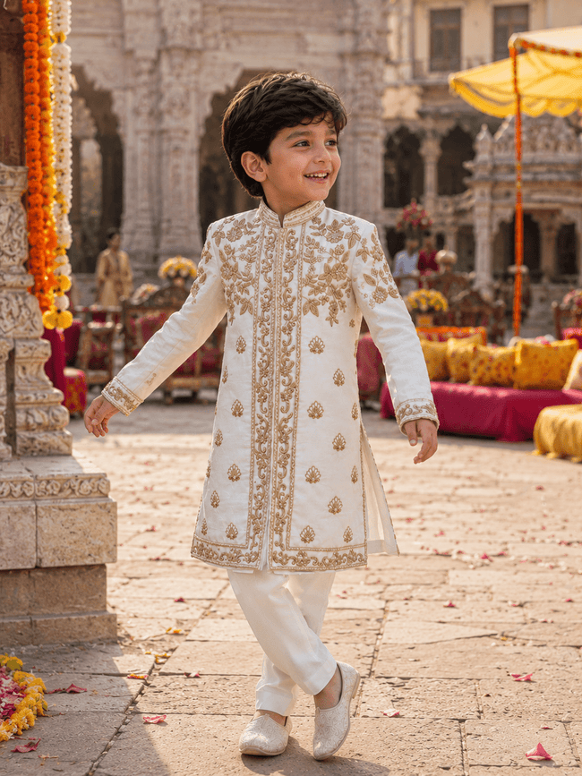 Ivory Darbar Sherwani in Pure Linen Silk - Funny Bones Clothings