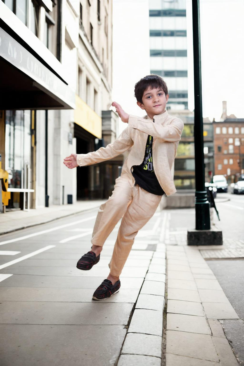 Jacket Pants Styled Pure Linen Co-ords (Beige Colour) - Funny Bones Clothings