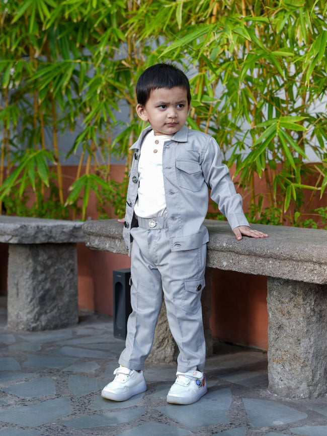 Korean Themed Jacket Cargo Pants Set ( Light Grey ) - Funny Bones Clothings