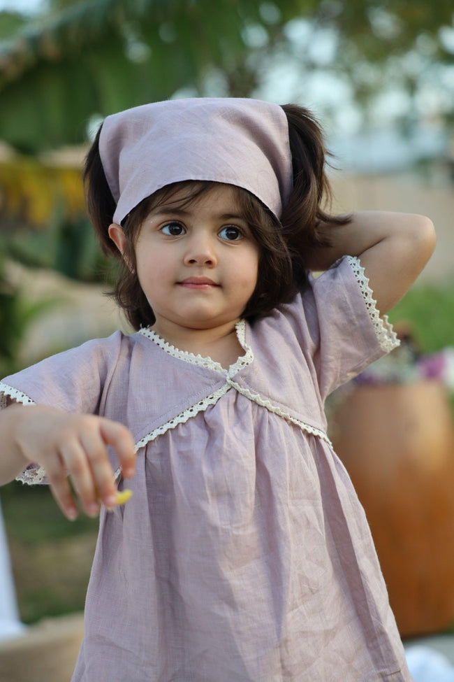 Lavender Blush Pure Linen Dress with Hair Tie Cloth - Funny Bones Clothings