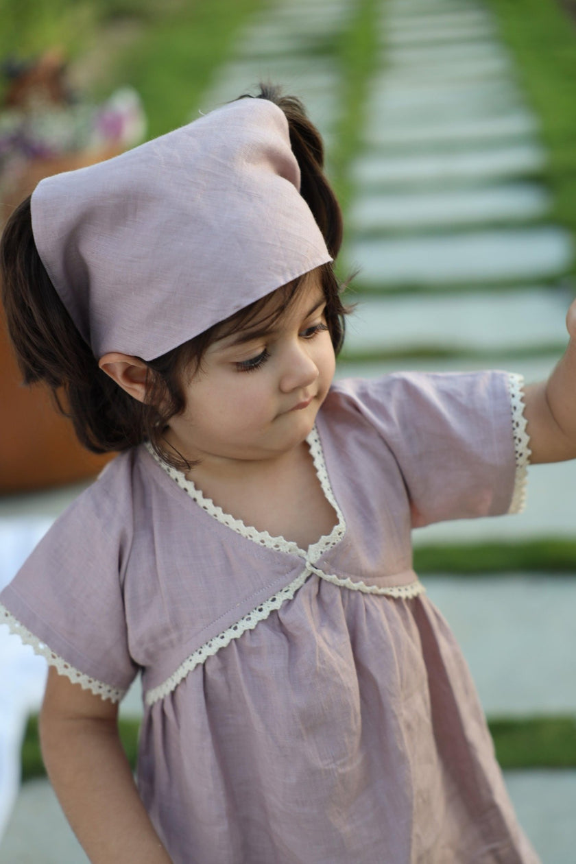Lavender Blush Pure Linen Dress with Hair Tie Cloth - Funny Bones Clothings
