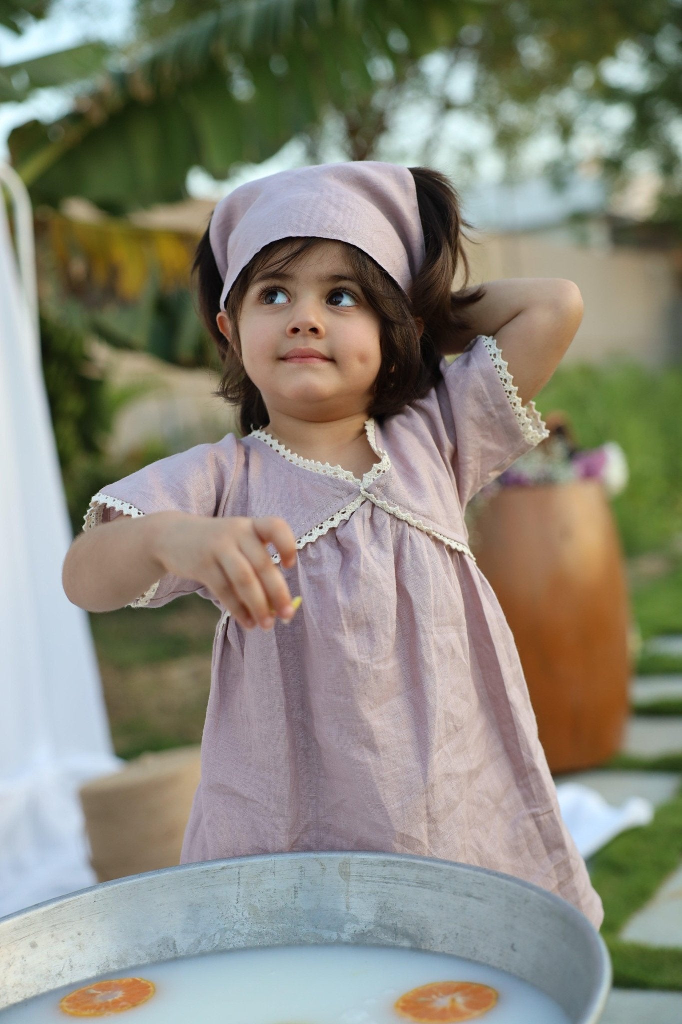 Lavender Blush Pure Linen Dress with Hair Tie Cloth - Funny Bones Clothings