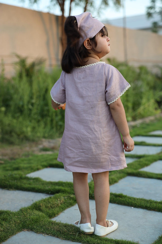 Lavender Blush Pure Linen Dress with Hair Tie Cloth - Funny Bones Clothings