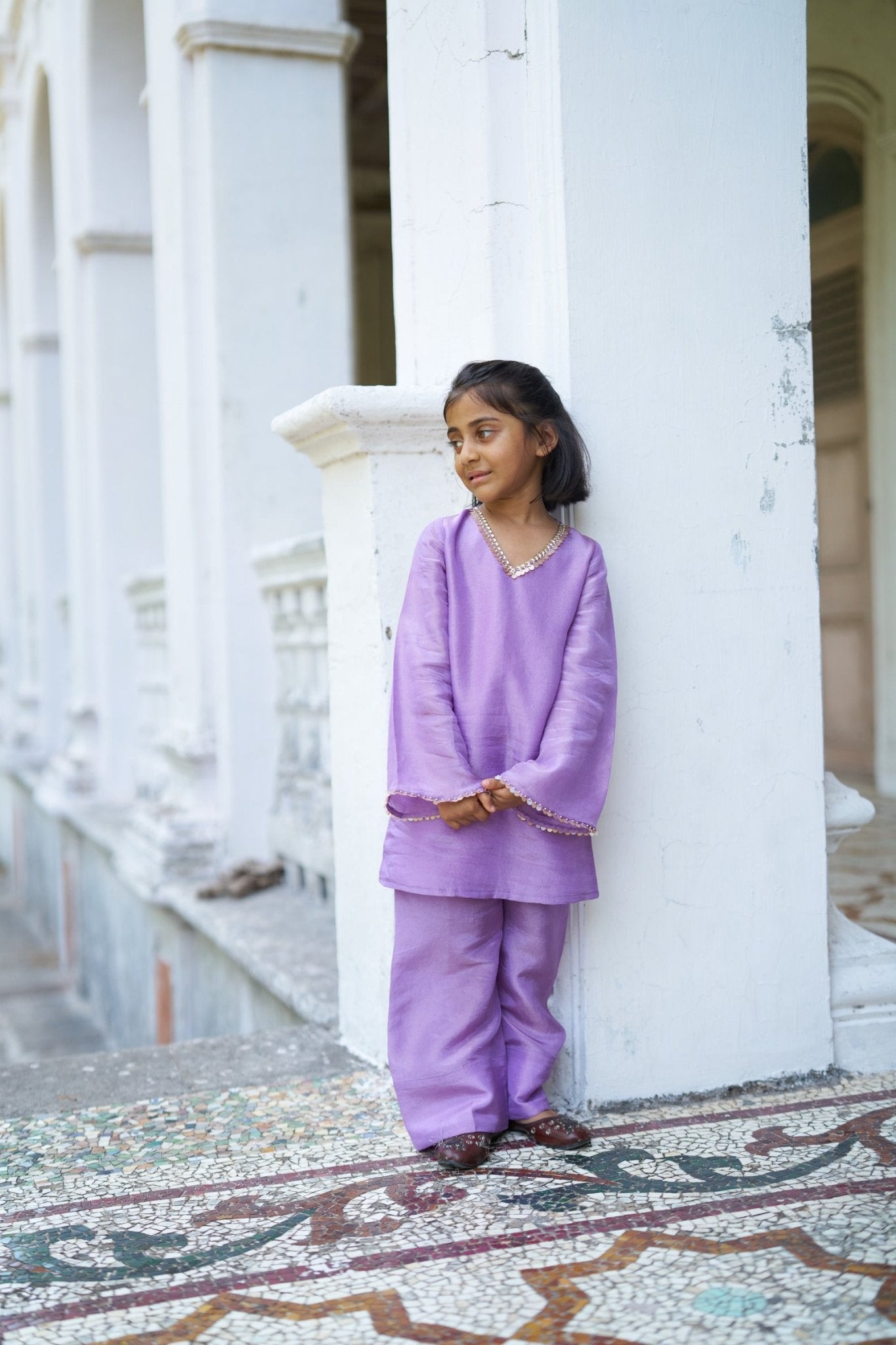 Lavender Ragas Pure Silk Girls Kurti Palazzo Set - Funny Bones Clothings