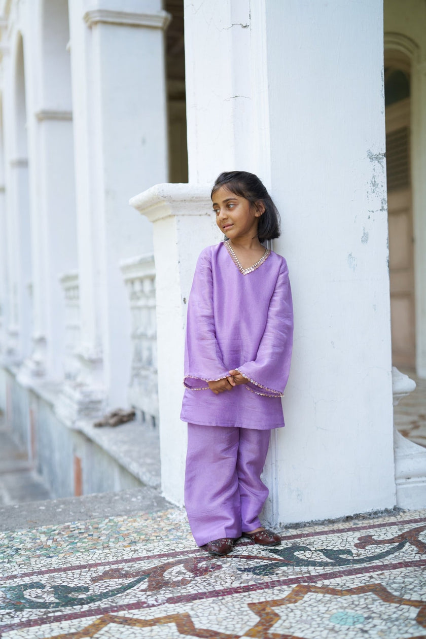 Lavender Ragas Pure Silk Girls Kurti Palazzo Set - Funny Bones Clothings