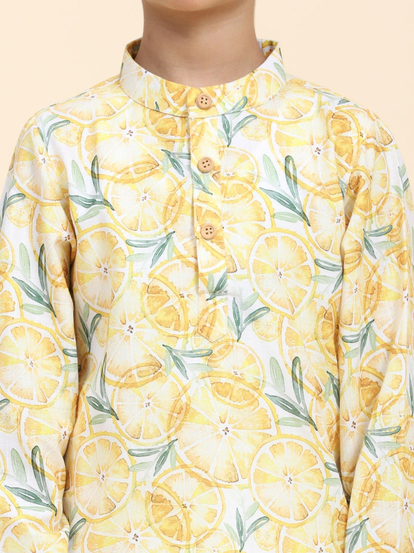 Lemon Print Vestiario's Blend Linen Kurta Pajama Set - Funny Bones Clothings