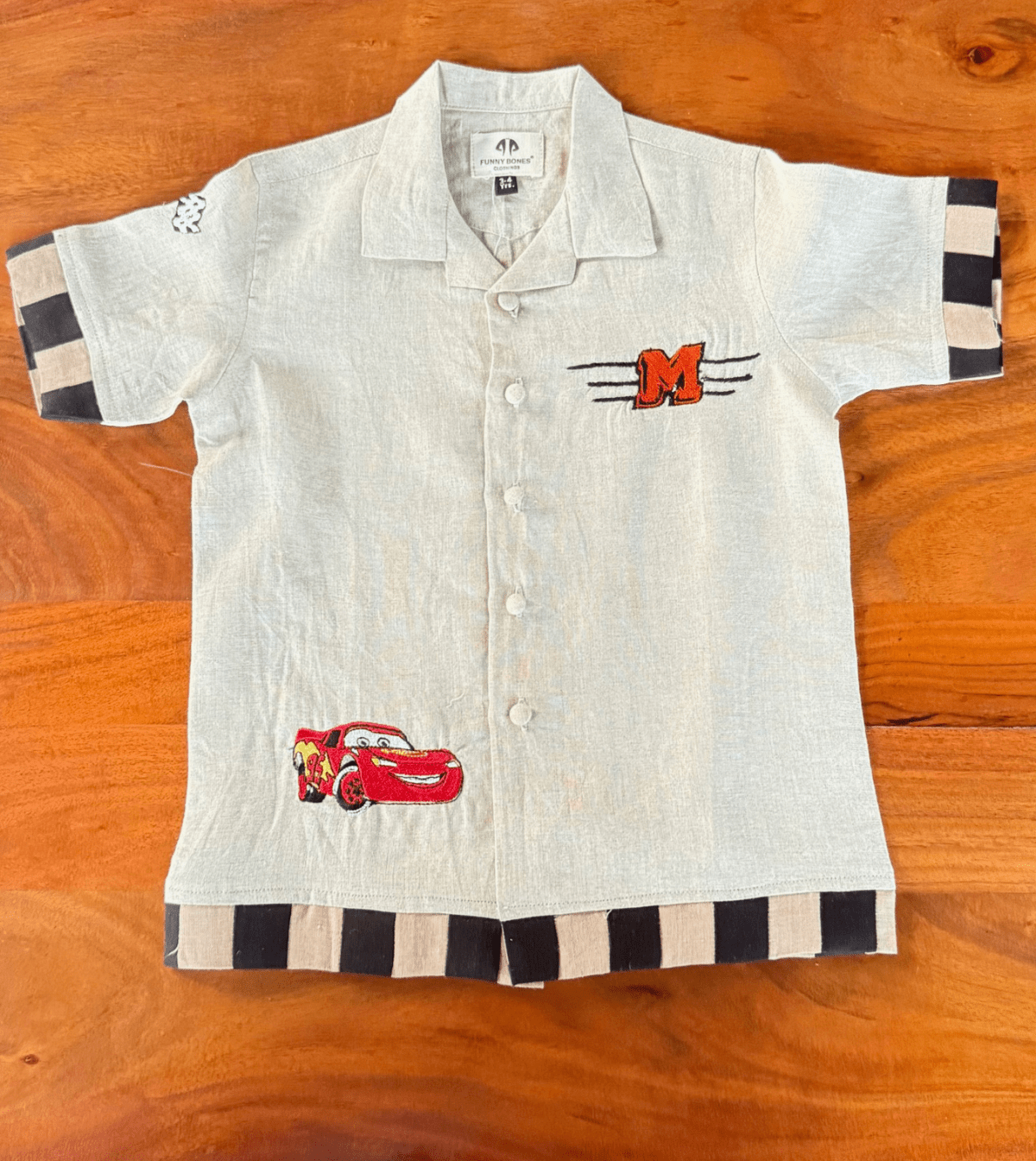 Lightning McQueen Themed Pure Linen Embriodered Shirt Only (Name Alphabet Customisable) - Funny Bones Clothings