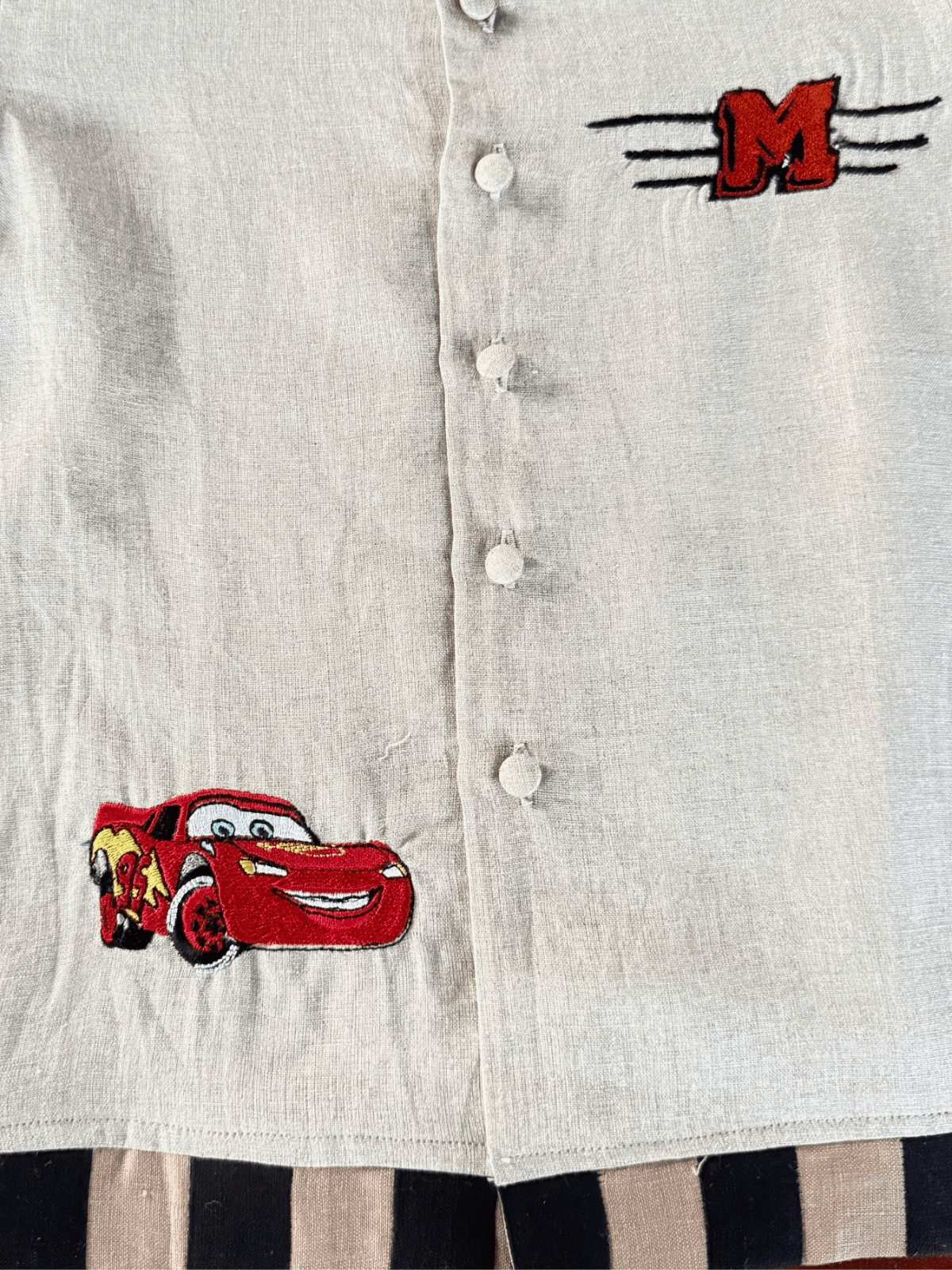 Lightning McQueen Themed Pure Linen Embriodered Shirt Only (Name Alphabet Customisable) - Funny Bones Clothings